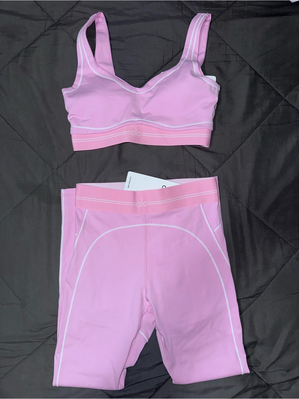 ALO Yoga Pink Sports Bra and Bike Shorts Set with White Piping
